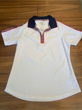 Greg Norman women's White Polo, Navy Collar Coral Trim, short sleeves, Sz M